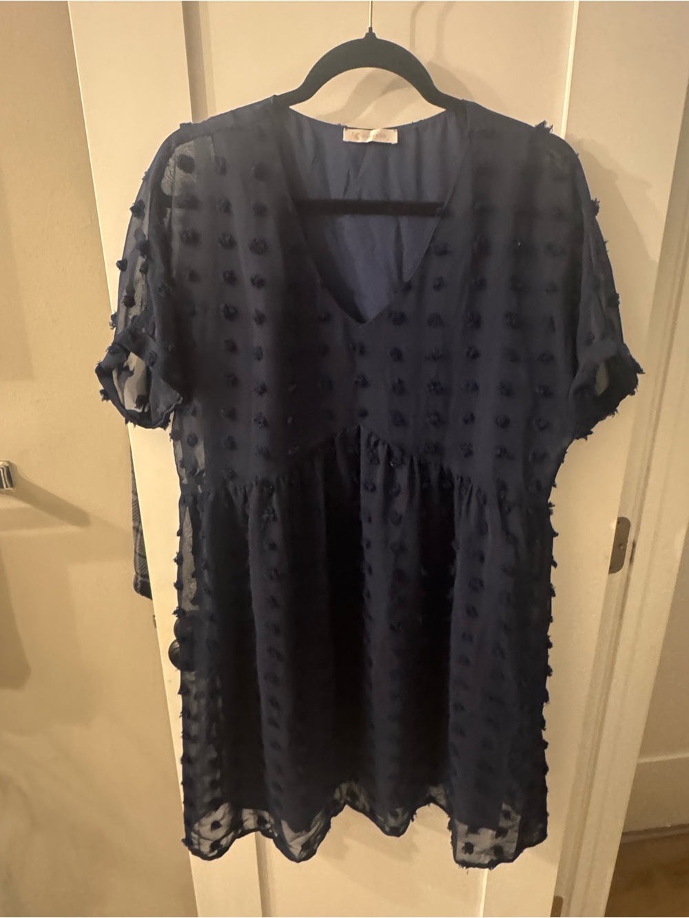 Women’s Navy Textured Pom-Pom V-Neck Short Sleeve Babydoll Dress Size Medium